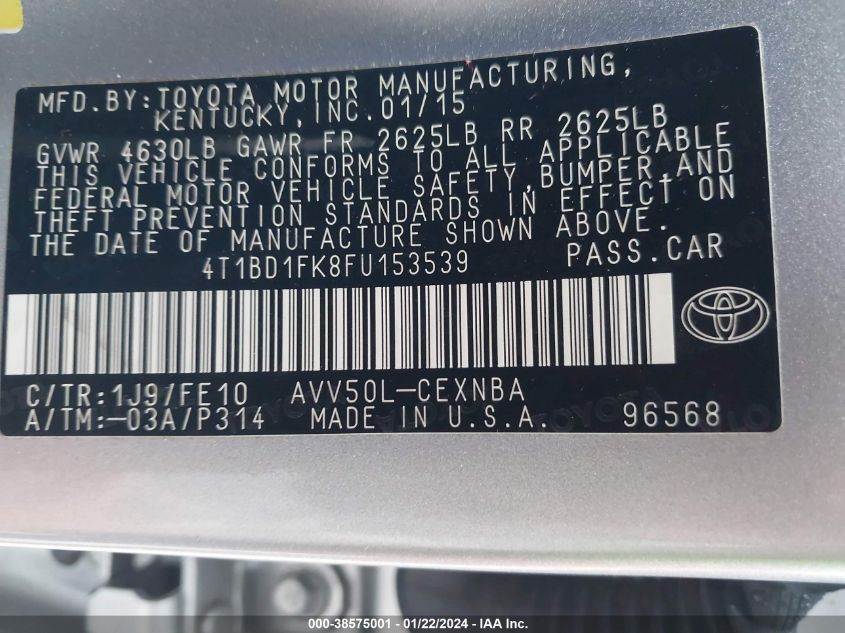 2015 TOYOTA CAMRY HYBRID LE - 4T1BD1FK8FU153539