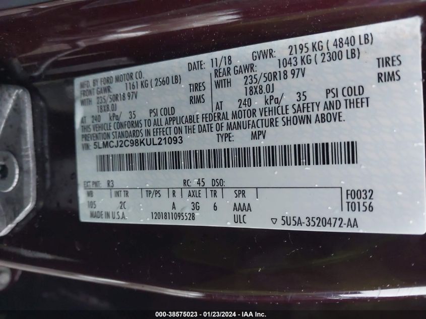 2019 LINCOLN MKC SELECT - 5LMCJ2C98KUL21093