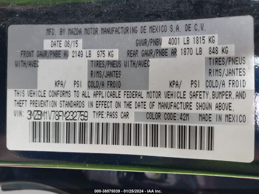 2015 MAZDA MAZDA3 - 3MZBM1V78FM232759