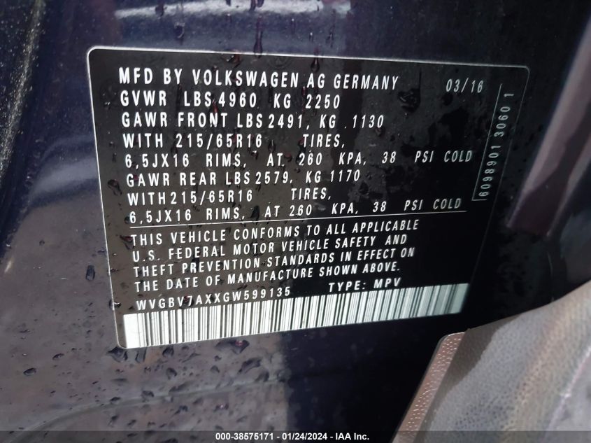 2016 VOLKSWAGEN TIGUAN S - WVGBV7AXXGW599135