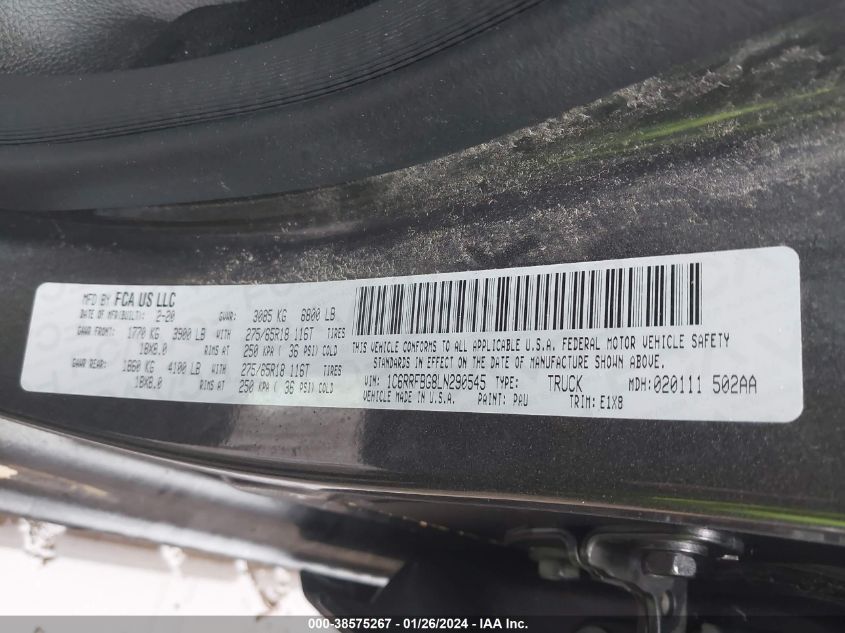 2020 RAM 1500 BIG HORN/LONE STAR - 1C6RRFBG8LN290545