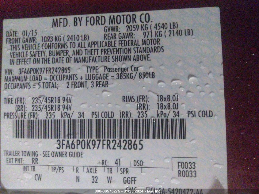 2015 FORD FUSION TITANIUM - 3FA6P0K97FR242865