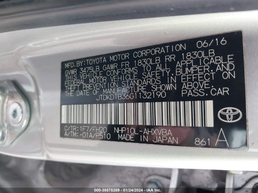 2016 TOYOTA PRIUS C ONE - JTDKDTB36G1132190