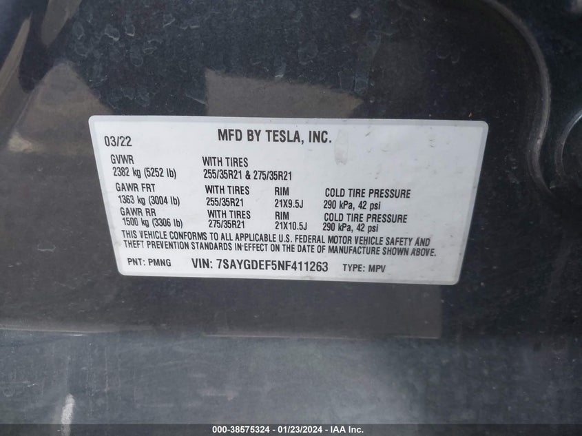 VIN 7SAYGDEF5NF411263 2022 TESLA MODEL Y PERFORMANCE DUAL MOTOR ALL-WHEEL DRIVE