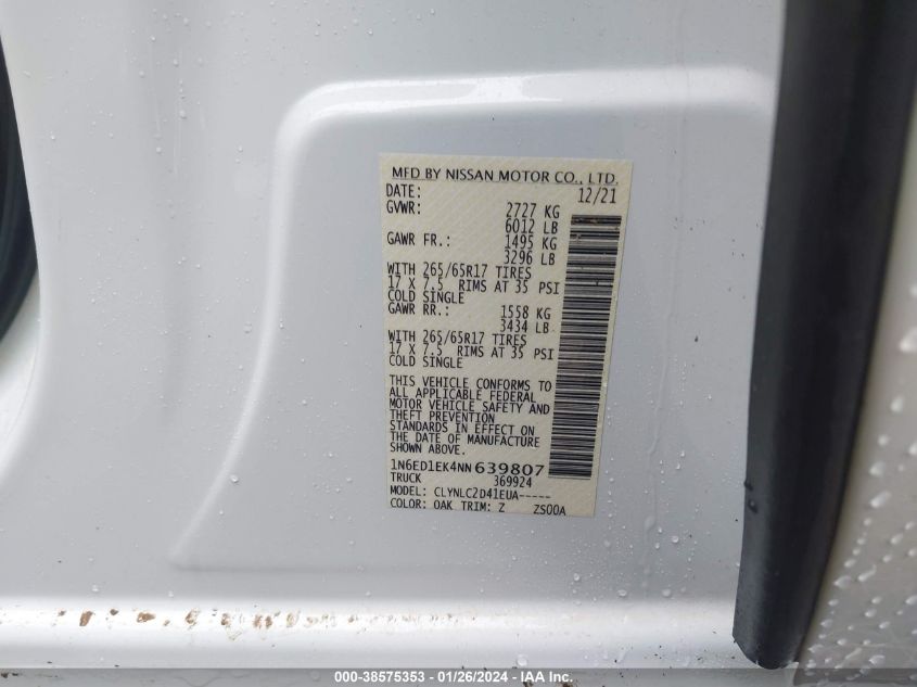 2022 NISSAN FRONTIER S/SV/PRO-4X - 1N6ED1EK4NN639807