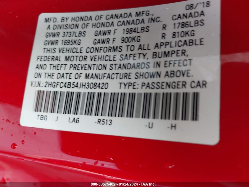 2018 HONDA CIVIC LX - 2HGFC4B54JH308420