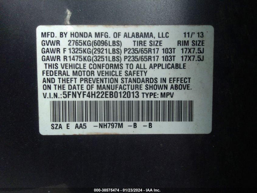 2014 HONDA PILOT LX - 5FNYF4H22EB012013