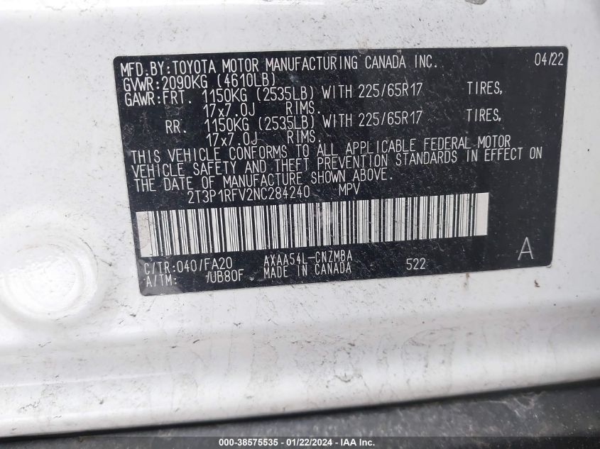 VIN 2T3P1RFV2NC284240 2022 TOYOTA RAV4 no.9