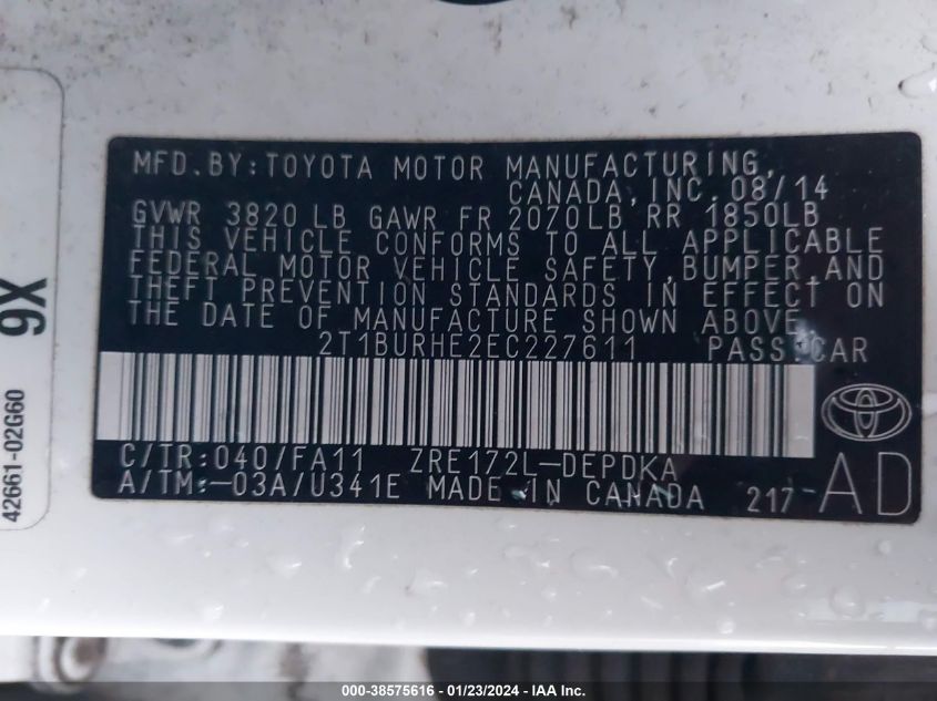 2014 TOYOTA COROLLA L/LE/LE PLS/PRM/S/S PLS - 2T1BURHE2EC227611
