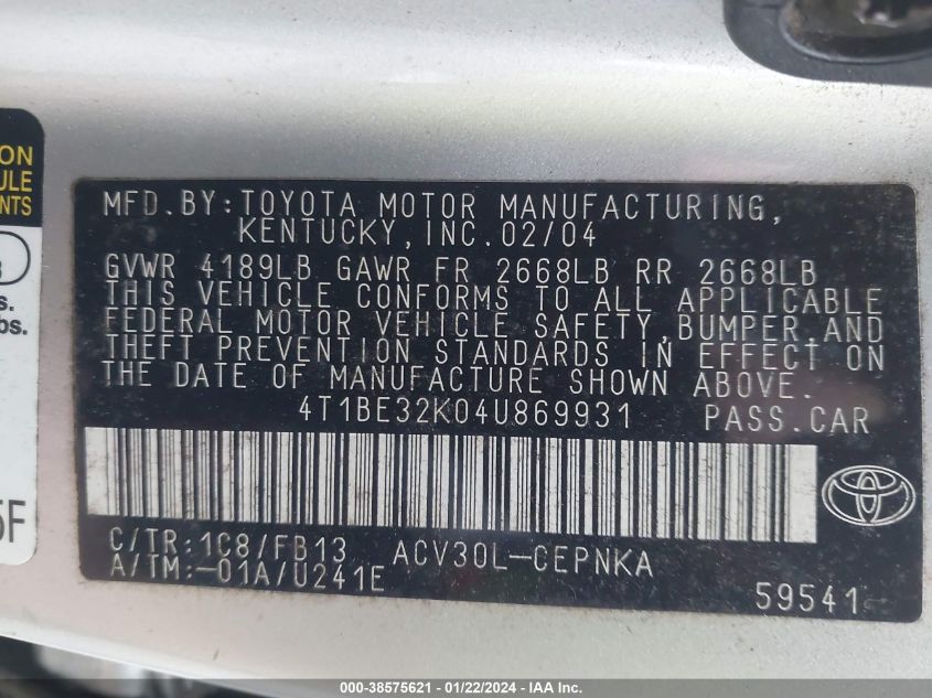 4T1BE32K04U869931 | 2004 TOYOTA CAMRY