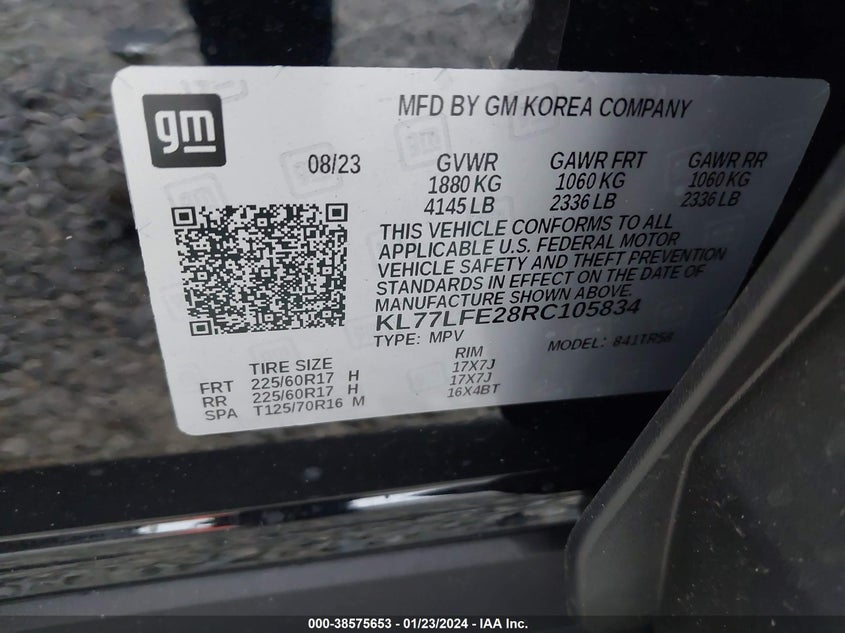 VIN KL77LFE28RC105834 2024 CHEVROLET TRAX LS