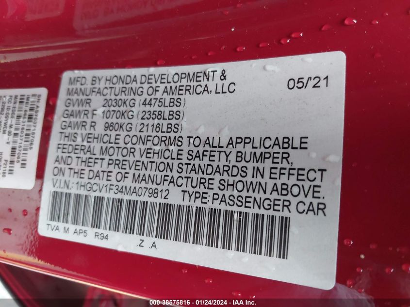2021 HONDA ACCORD SPORT - 1HGCV1F34MA079812