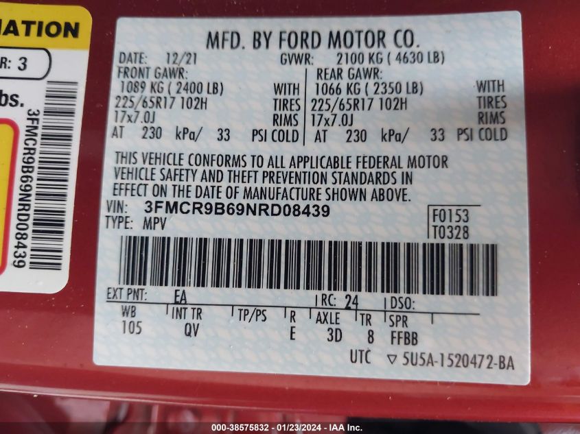 2022 FORD BRONCO SPORT BIG BEND - 3FMCR9B69NRD08439