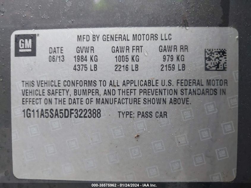 2013 CHEVROLET MALIBU 1FL - 1G11A5SA5DF322388