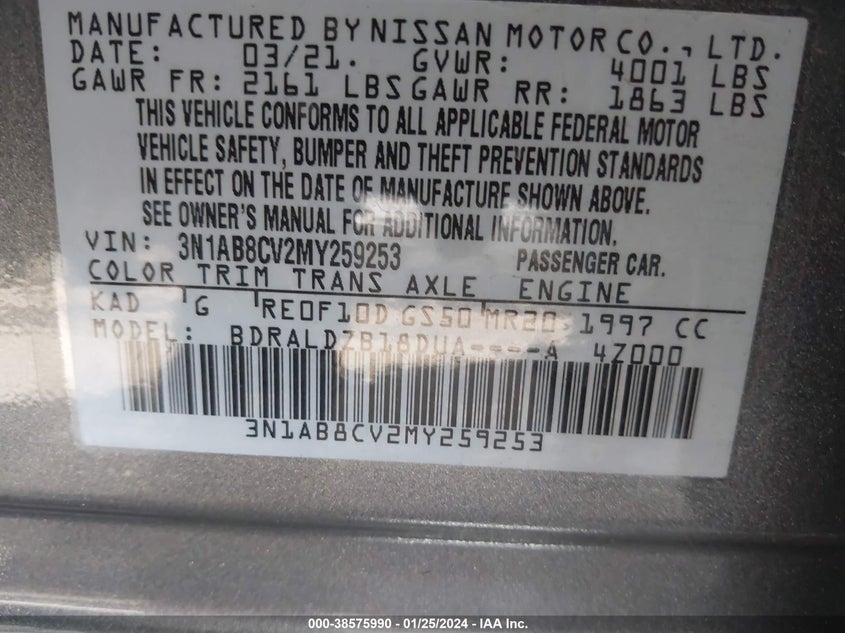 VIN 3N1AB8CV2MY259253 2021 NISSAN SENTRA SV