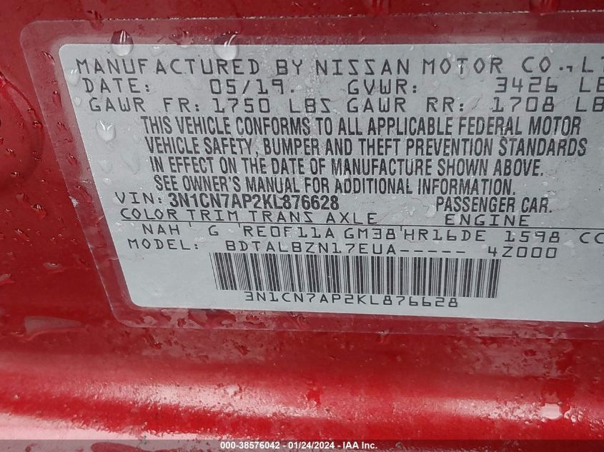 2019 NISSAN VERSA 1.6 SV - 3N1CN7AP2KL876628