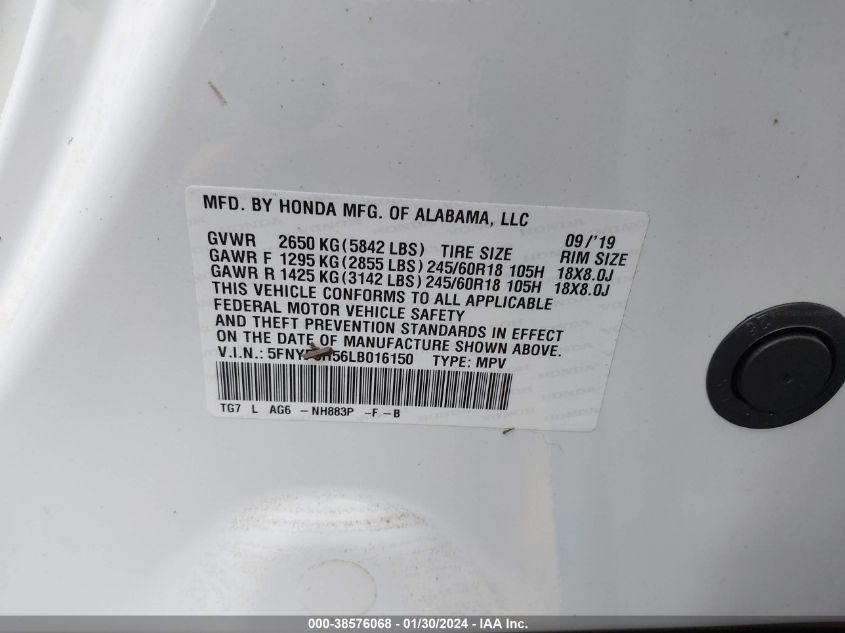 2020 HONDA PILOT EXL - 5FNYF6H56LB016150