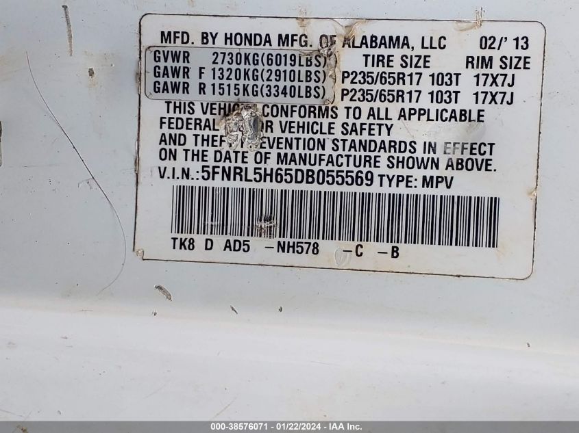 2013 HONDA ODYSSEY EX-L - 5FNRL5H65DB055569
