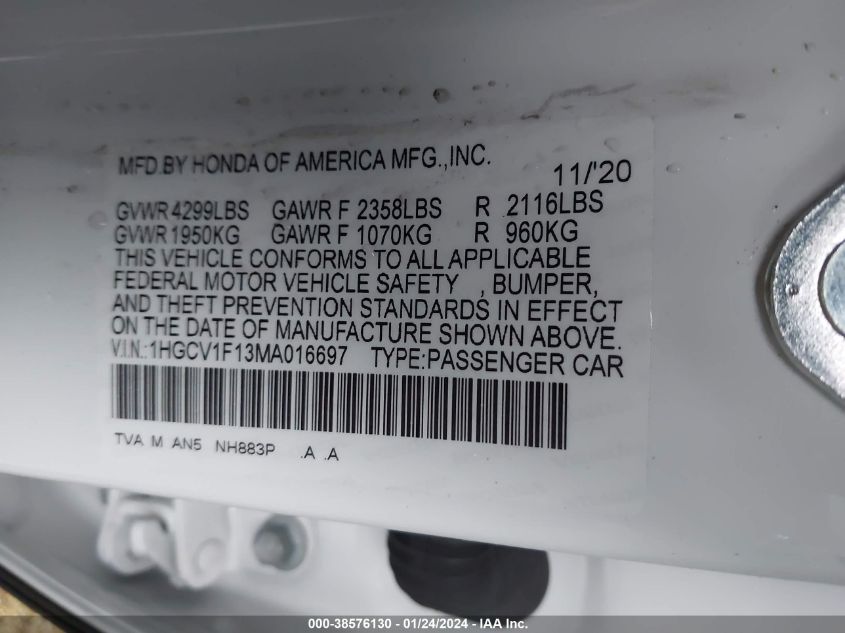 2021 HONDA ACCORD LX - 1HGCV1F13MA016697