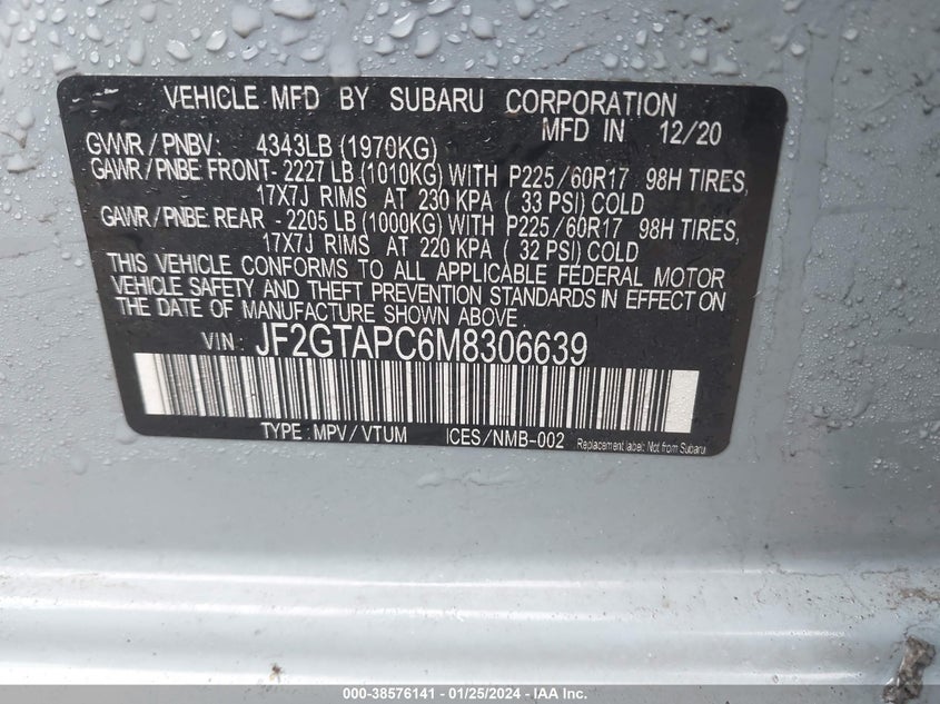 VIN JF2GTAPC6M8306639 2021 SUBARU CROSSTREK PREMIUM