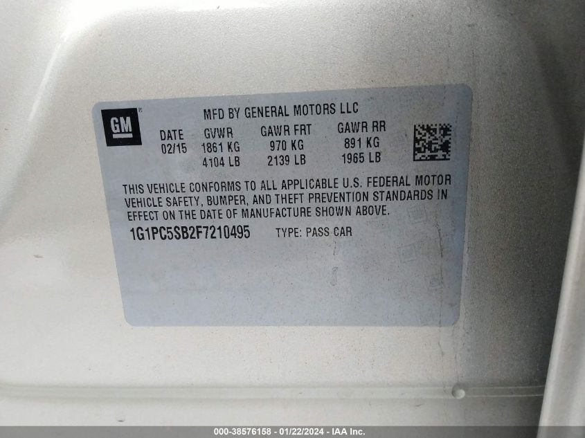2015 CHEVROLET CRUZE LT - 1G1PC5SB2F7210495