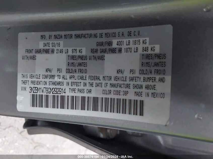 2016 MAZDA MAZDA3 I TOURING - 3MZBM1W78GM292914