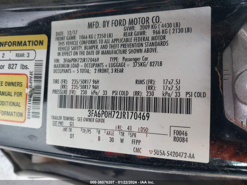 2018 FORD FUSION SE - 3FA6P0H72JR170469