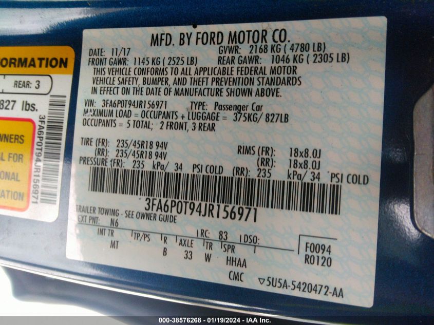 2018 FORD FUSION SE - 3FA6P0T94JR156971