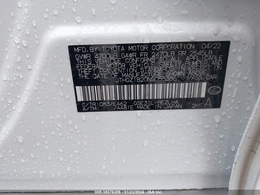 VIN JTHGZ1B20N5055386 2022 LEXUS IS 350 F SPORT