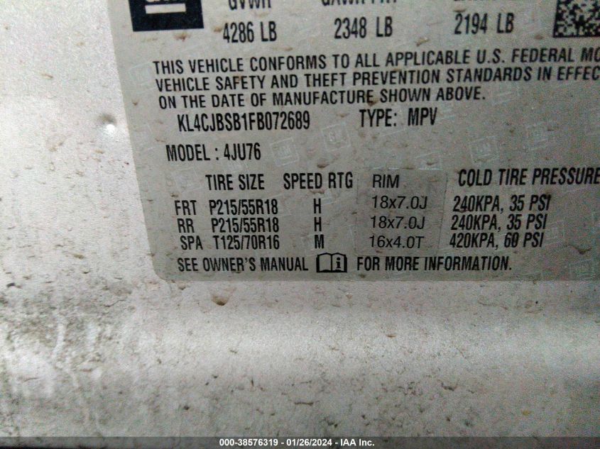 2015 BUICK ENCORE with Front & Rear damage, VIN KL4CJBSB1FB072689