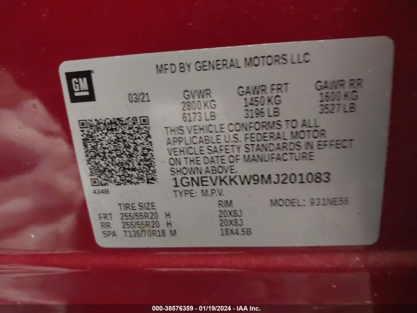 2021 CHEVROLET TRAVERSE AWD PREMIER - 1GNEVKKW9MJ201083