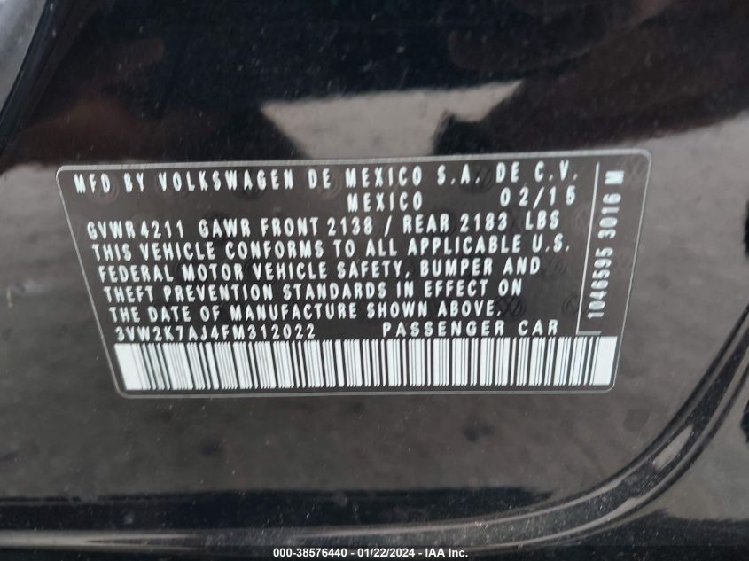 2015 VOLKSWAGEN JETTA S - 3VW2K7AJ4FM312022