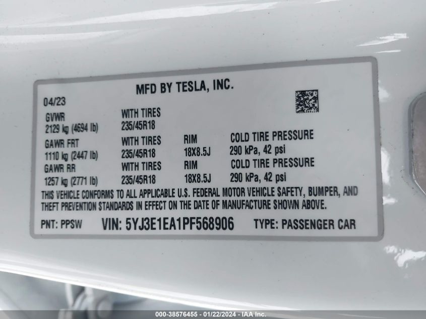2023 TESLA MODEL 3 REAR-WHEEL DRIVE - 5YJ3E1EA1PF568906
