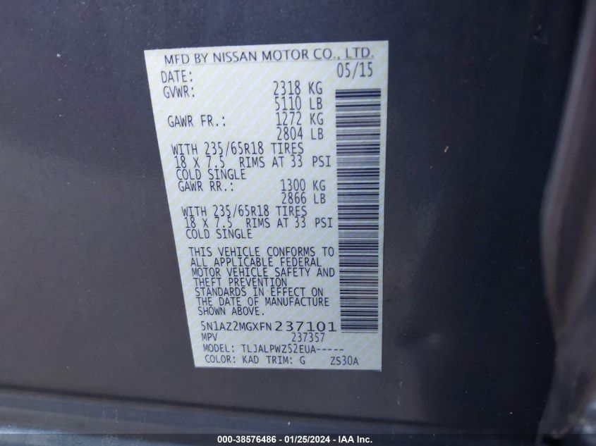 2015 NISSAN MURANO S/SL/SV/PLATINUM - 5N1AZ2MGXFN237101