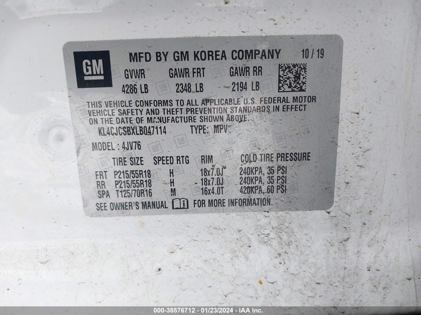 VIN KL4CJCSBXLB047114 2020 BUICK ENCORE ESSENCE