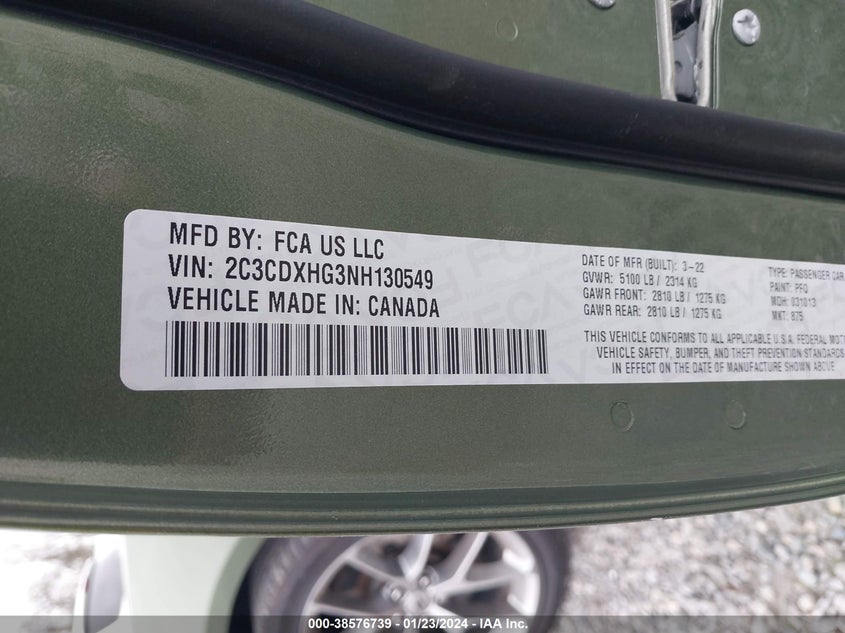 VIN 2C3CDXHG3NH130549 2022 DODGE CHARGER GT RWD