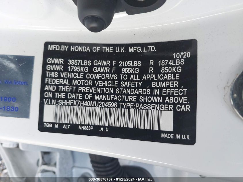 2021 HONDA CIVIC SPORT - SHHFK7H40MU204596
