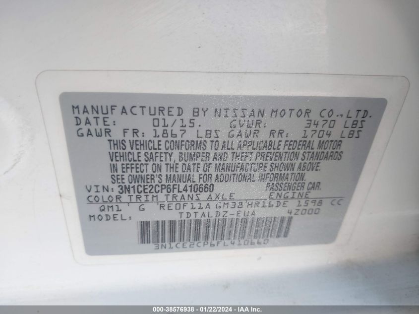2015 NISSAN VERSA NOTE S (SR)/S PLUS/SL/SR/SV - 3N1CE2CP6FL410660