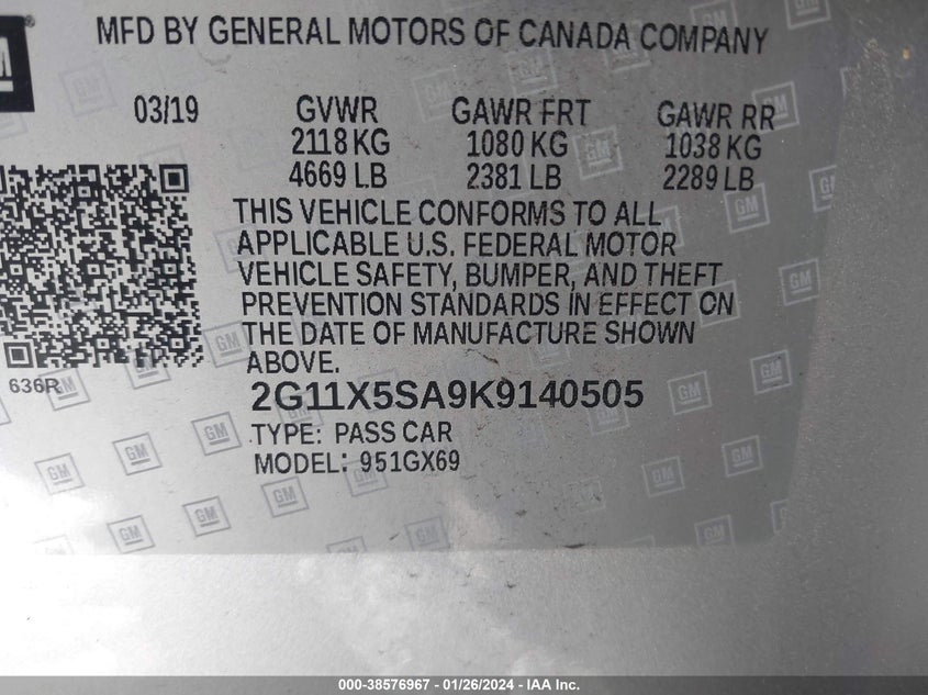 VIN 2G11X5SA9K9140505 2019 CHEVROLET IMPALA LS