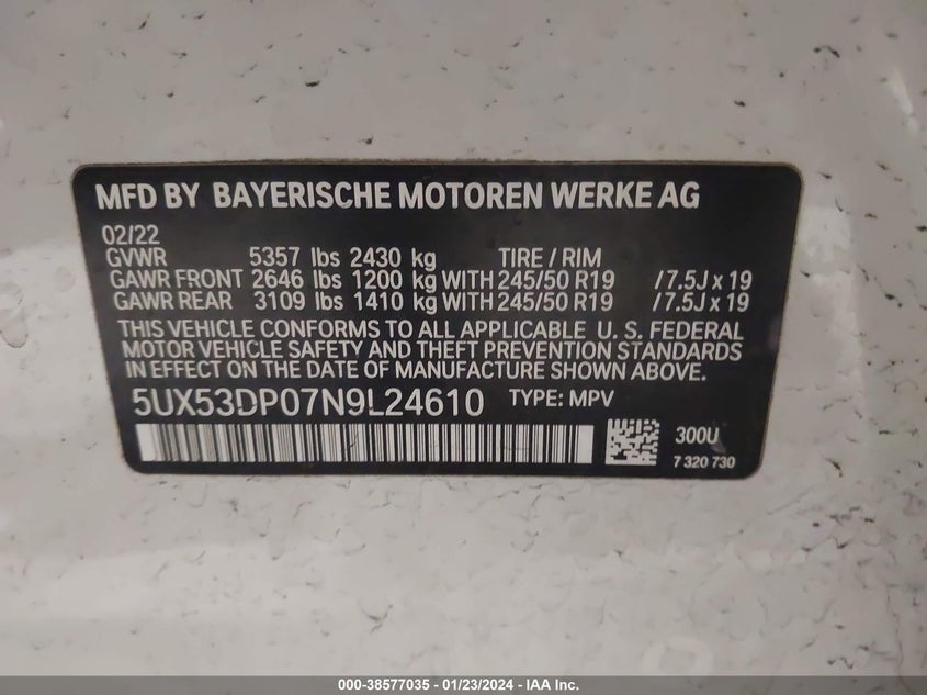 VIN 5UX53DP07N9L24610 2022 BMW X3 XDRIVE30I