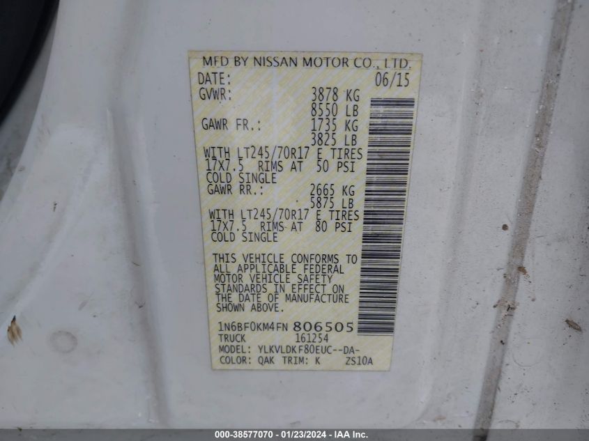 2015 NISSAN NV CARGO NV1500 S V6 1N6BF0KM4FN806505