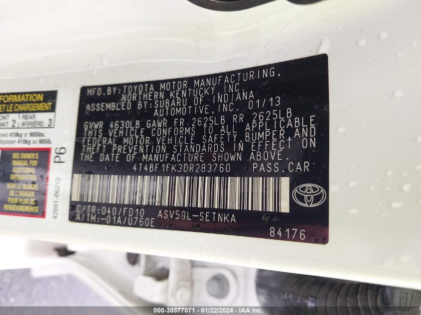 2013 TOYOTA CAMRY LE - 4T4BF1FK3DR283760