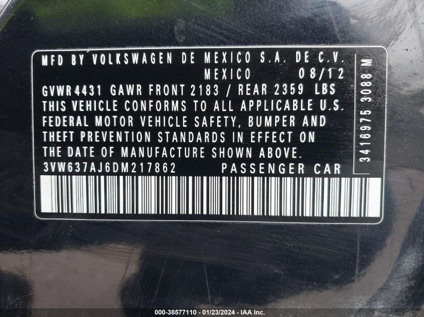 2013 VOLKSWAGEN JETTA HYBRID SEL PREMIUM 3VW637AJ6DM217862