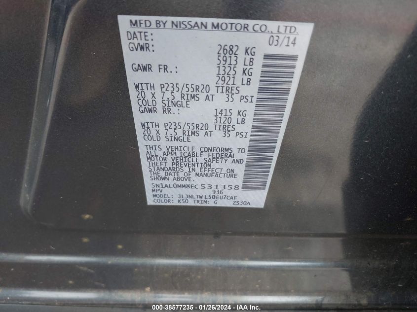 2014 INFINITI QX60 - 5N1AL0MM8EC531358