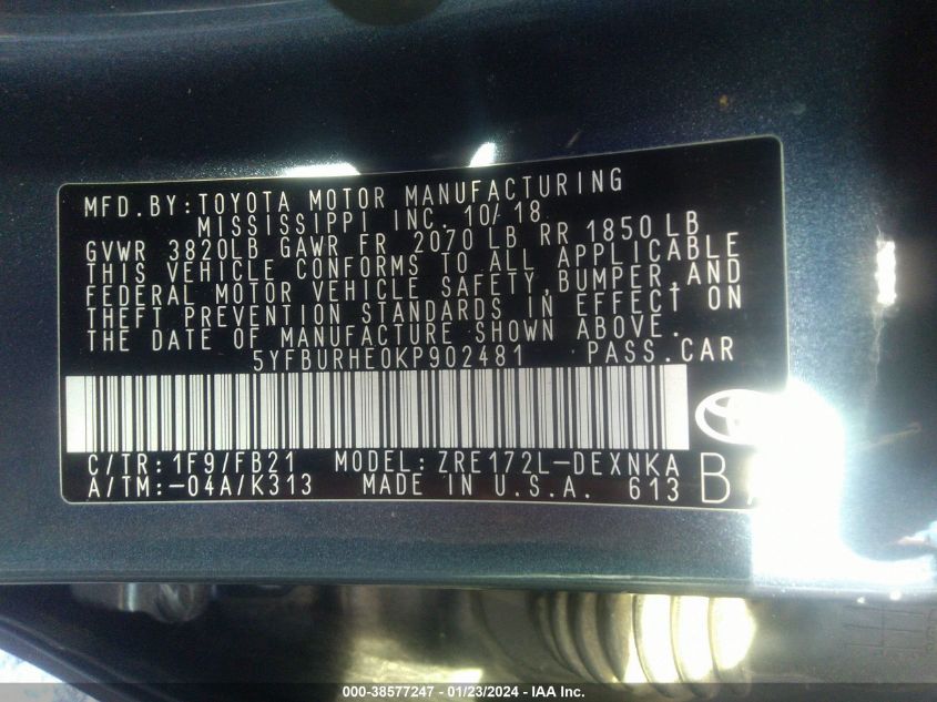 2019 TOYOTA COROLLA L/LE/SE/XLE/XSE - 5YFBURHE0KP902481