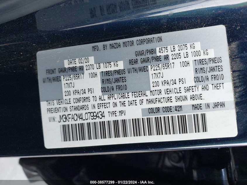VIN JM3KFACM4L0799434 2020 MAZDA CX-5 TOURING