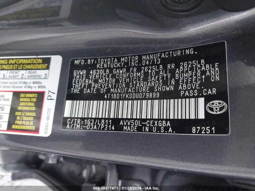2013 TOYOTA CAMRY HYBRID XLE - 4T1BD1FK0DU079899