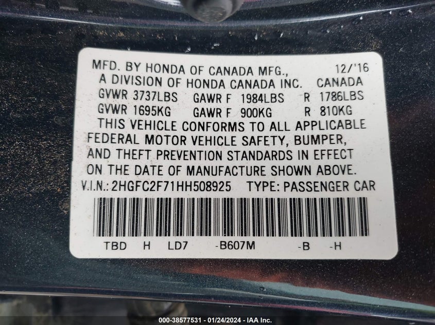 VIN 2HGFC2F71HH508925 2017 HONDA CIVIC EX