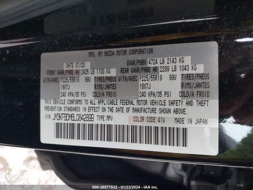 VIN JM3KFBDM6L0842899 2020 MAZDA CX-5 GRAND TOURING