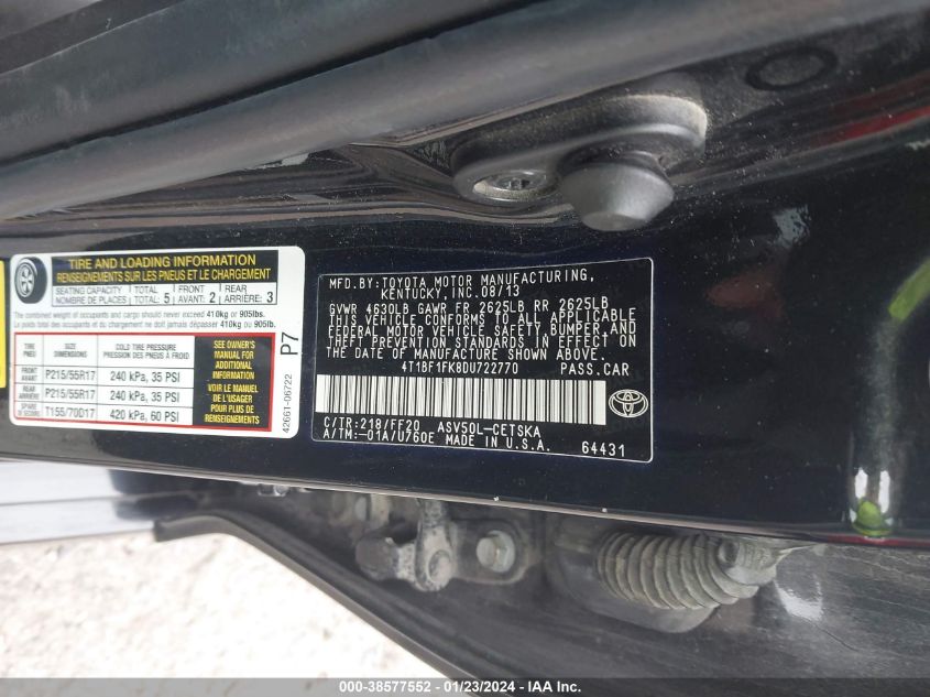 2013 TOYOTA CAMRY L/SE/LE/XLE - 4T1BF1FK8DU722770